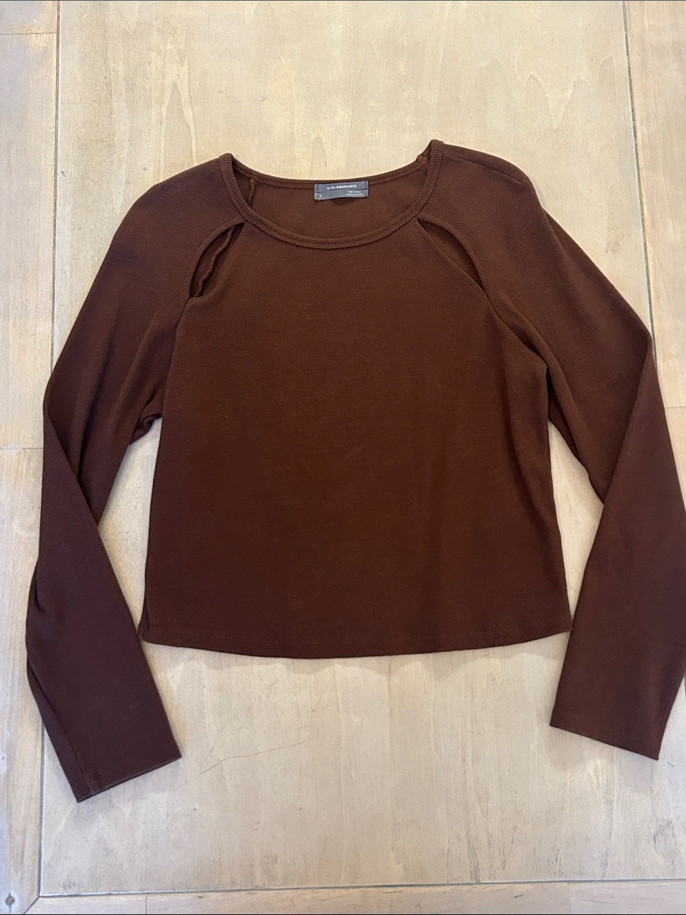 Anthropologie Brown Ribbed Shoulder Cutout Long Sleeve Top L